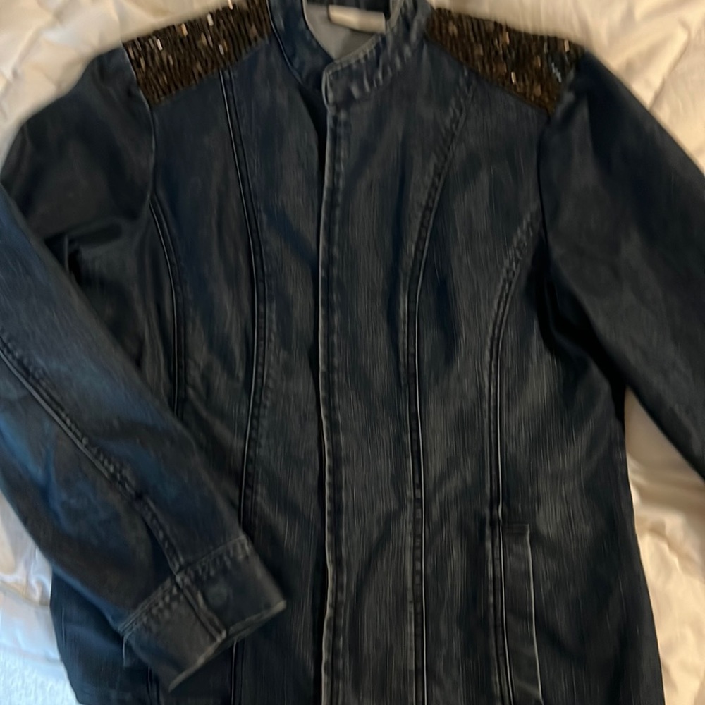 Chico’s SZ. 2, Denim Jacket With Gold Accents On The Shoulders.